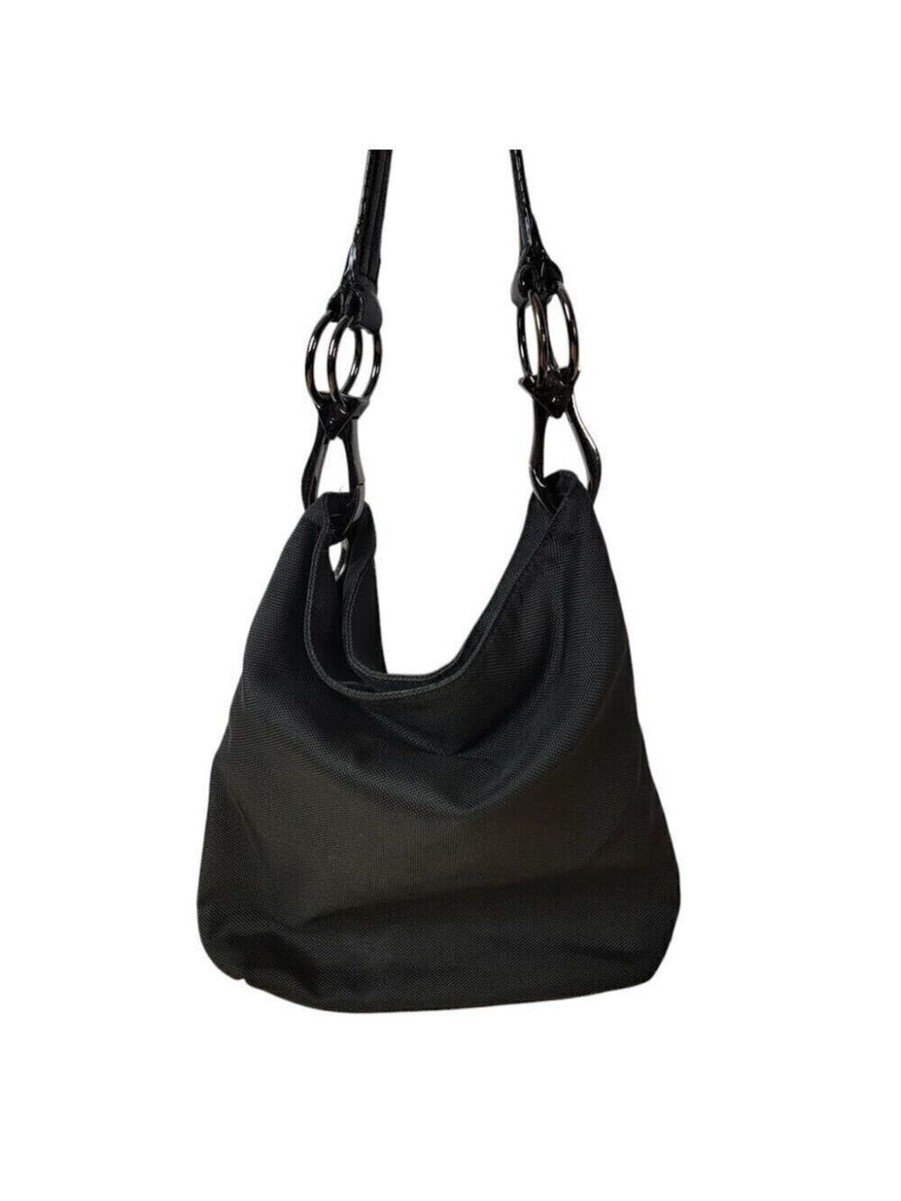 JPK PARIS 75 Women's Black Leather Chunky Hardware Nylon Hobo Shoulder Bag